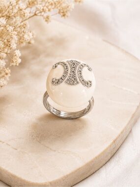Ivory & Silver Tone Crystal Dome Statement Ring